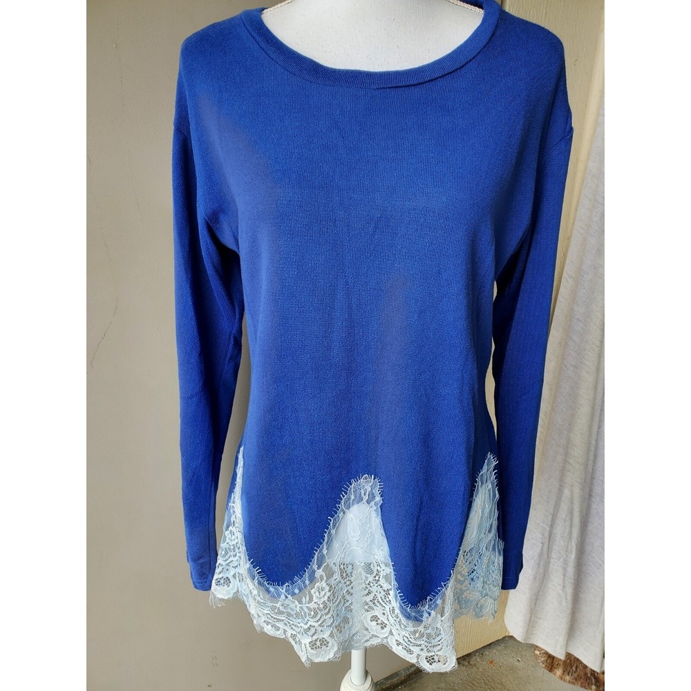ABYOXI Sweater‎ Top Womens Large Blue White Lace Long Sleeve Stretch